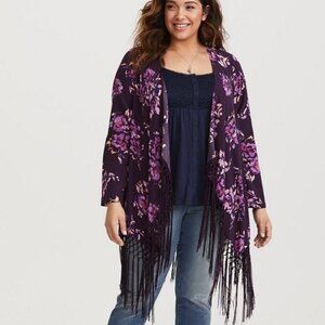Torrid Blouse Purple Floral Fringe Ruana Kimono Open Front Shawl Women Plus 3X